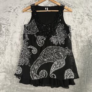 Studio Y Blouse XS Black Paisley Beaded Neck Chiffon Layered Boho Whimsigoth
